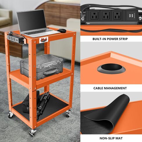 PM PERFORMOTOR 3-Layer Utility Steel AV Cart with Wheels Power Strip, 25" x 18" x 24"-42" Height Adjustable Rolling Projector Cart, Gray,PM-TOL-CT2-GY in Kuwait