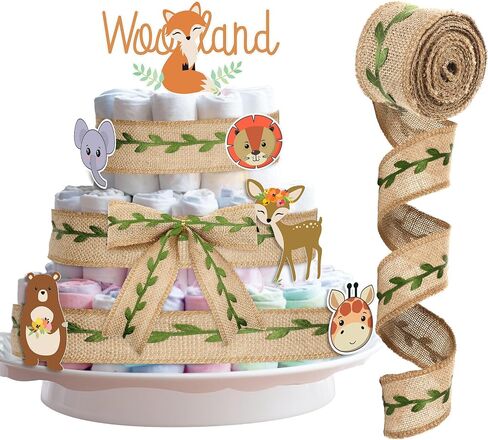 Hotop Diaper Cake Burlap Ribbon Leaf Leaf Woodland Mission شريط كعكة للغاب للغابة زخارف التغليف (3.3 يارد) in Kuwait