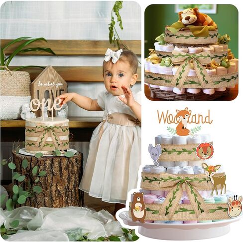 Hotop Diaper Cake Burlap Ribbon Leaf Leaf Woodland Mission شريط كعكة للغاب للغابة زخارف التغليف (3.3 يارد) in Kuwait
