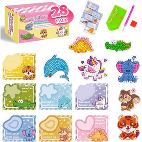 VOOADA Valentines Day Cards for Kids,Perfect 28 Pack Animal Buddies Painting Arts Crafts Kits for Kids School Classroom Birthday Party, Diamond Art Stickers Party Favors Packs for Boys Girls Gift