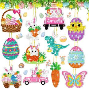 Ferraycle 12 Pieces Easter Diamond Painting Keychain 5D DIY Diamond Painting Kit Easter Egg Bunny Butterfly Hanging Diamond Art Kits Easter Ornaments for Kids Holiday Crafts Family Decor