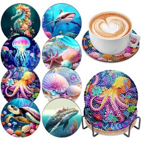 8 PCS Diamond Art Painting Coasters مع حامل ، DIY Colonful Flowers Flowers Flowers Flowers Flowers Flower Fore Miamond Flowers for Hights Diamond Art Paint