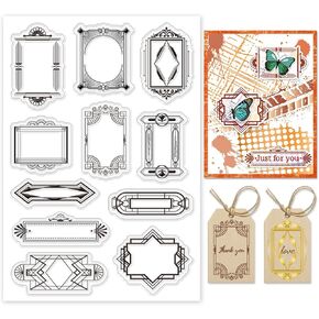 INFUNLY Retro Label Clear Stamp Label Borders Silicone Stamp for Card Making 6.3"×4.3" Vintage Tag Silicone Clear Stamp Transparent Rubber Stamp for DIY Scrapbooking Photo Albums Holiday Birthday Card