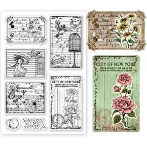Vintage Postage Clear Stamp 6.3x4.3 Rose Postmark Silicone Stamp for Card Making Daisy Mushroom Rubber Stamps Bird Cage Butterfly Transparent Stamps for DIY Scrapbooking Album Journal Decor