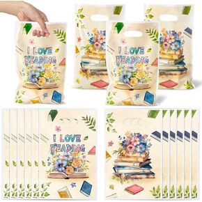 Book Party Favor Bags - 50Pcs Plastic Floral Snack Candy Goodie Gift Bags with Handles Reading Book Themed Party Supplies Kids Birthday Club Decoration