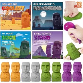 Valentines Day Cards for Kids, 24 Pack Moai Stone Statue Squeeze Toys with Valentines Day Cards for Valentine School Party Favors for Kids Boys Girls, Kids Exchange Valentines Day Gifts