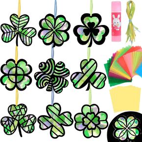 Qyeahkj 36PCS St Patrick's Day Suncatchers Paper Craft Set Saint Patrick DIY Shamrock Window Stained Glass Effect Paper for Window Art Classroom Crafts Creative Art Proiects Kids Party Favors Gift