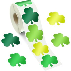 600 Pcs St. Patrick's Day Stickers Foil Shamrock Stickers Roll Self Adhesive Lucky Irish Green Clover Stickers Labels Gift Wrapping Sticker for St Patrick's Day Party Favors (Three Leaves)