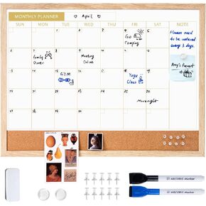 ARCOBIS White Board Calendar with Cork Board, 24x18 Inch Wood Frame Bulletin Board for Wall, Magnetic White Calendar Board with Chalk Markers, Push-Pins and Magnets,Beige