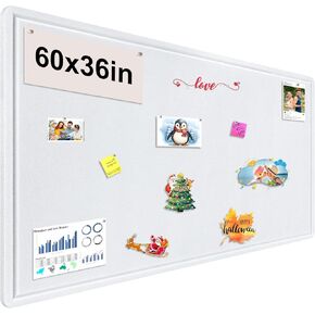 Large Bulletin Board, 60x36 Inches Cork Board Alternative, Large Felt Board Decorative Pin Board for Wall, Foldable Photo Board Self-Adhesive Vision Board with 36 Pushpins White