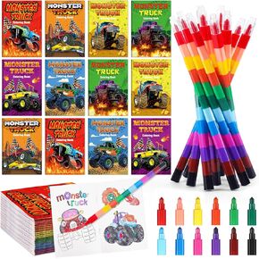 12Pcs Monster Truck Party Favors Coloring Books with 12Pcs Stacking Crayons, Machines Jam Birthday Favors Books for Kids Boys Gifts Classroom Supplies
