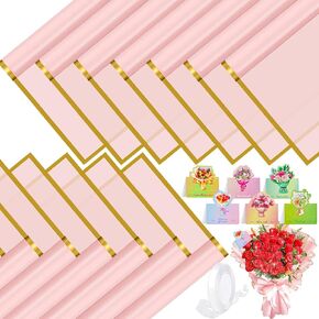 Xilanhhaa 60 Sheets Flower Wrapping Paper,Waterproof Bouquet Packaging Paper with Greeting Cards White Ribbons for Wedding Valentine's Day Mother's Day Graduation DIY Crafts,Florist Supplies Pink