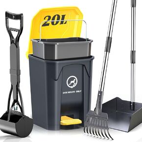 Outdoor Dog Poop Trash Can & Plastic Pooper Scooper Set for Yard - 20L/5.2 Gallen Dog Waste Trash Can Pet Waste Disposal Station with Inner Bucket (Trash Can + Plastic/Metal Pooper Scooper Set)