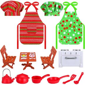 Christmas Accessories Mini Doll Baker Outfit Set Include Apron Hats Rolling Pin Egg Cookie Tray Set Mixing Bowl for Xmas Doll Decorations, Doll is Not Included (Vintage Style)