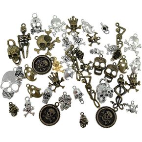 Halloween Skull Head Skeleton Steampunk Pirate Charm Pendant for DIY Jewelry Making Accessaries(100 Grams/about 60pcs,Antique Silver&Bronze Tones)