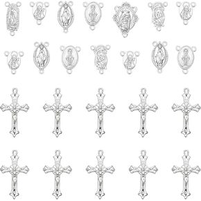 60Pcs/30Sets Rosary Making Kits Supplies Religion Cross and Center Medal Charms Jesus Crucifix Oval Alloy Pendant for Diy Prayer Necklace Catholic Jewelry