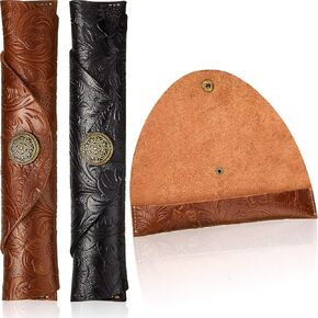 2 Pieces Vintage Handmade Leather Pen Case Carved Roll Leather Pen Holder Roll Wrap Pen Pouch for School Home Office, Brown and Black
