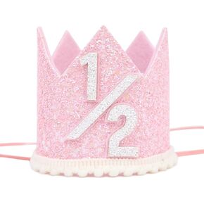 Pink Glitter 1/2 Birthday Crown - 6 Months Birthday Decorations,Little Princess Crown For Cake Smash,Sweet Half Birthday Hat Photo Props,Pink Glitter 1/2 Way To One Decoration (Pink)