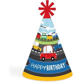 Big Dot of Happiness Cars, Trains, and Airplanes - Cone Happy Birthday Party Hats for Kids and Adults - Set of 8 (Standard Size)