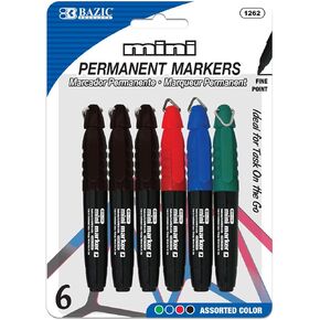 BAZIC Permanent Marker Fine Tip, Mini Assorted Color Markers, Coloring on Plastic Wood Metal Glass Stone, for School Office Art (6/Pack), 1-Pack