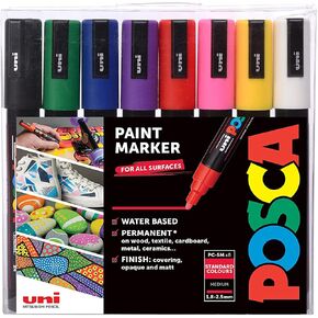 Posca PC-5M Water Based Permanent Marker Paint Pens. Medium Tip for Art & Crafts. Multi Surface Use On Wood Metal Paper Canvas Cardboard Glass Fabric Ceramic Rock Stone Pebble Porcelain. Set of 8