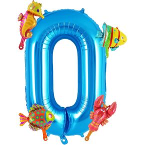 Sea Animail Blue Number 1 Balloon, 40 Inch Big Large Foil Blue Number Balloons with 4 Mini Ocean Balloons, Fish Mylar Balloons for 1st First Under the Sea Birthday Party Decorations Supplies