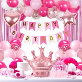 Hot Pink Birthday Decorations for Women with White Hot Pink Light Pink Balloons Happy Birthday Banner Hot Pink Fringe Curtains for 21st 25th 27th 30th 35th 40th 50th 60th Happy Birthday Decorations