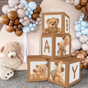 RUBFAC Baby Boxes for Baby Shower, Teddy Bear Brown Boxes for Gender Reveal Party Decorations, With Letters Blocks for Bear Party Favors