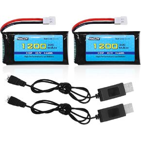 2PCS 3.7V 1200mAh 30C Lipo Battery with USB Charging Cable Molex Plug for SYMA X5SW X5SC X5SC-1 KY601S RC Drone Lithium Battery Accessories (2PCS Battery+2 USB)