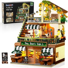 City Coffee House Building Set with Light, 1173 PCS Cafe Shop Building Block Toy with Ordering Counter Baking Room, Architecture Construction Model for Adults Teens Kids Boys Girls Ages 6-12+