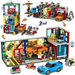 HOGOKIDS City Car Garage Building Set, 1022 PCS 3 in 1 Auto Repair Shop, Gas Station, Car Wash Building Block with 2 Custom Cars Pretend Play Mechanic Toy Birthday Gift for 10+ Kids Boys Teens Girls