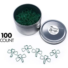 Butler in the Home Shamrock Clover Shaped Paper Clips Great for Paper Clip Collectors or Office Gift - Comes in Round Tin with Lid and Gift Box (100 Count Green)