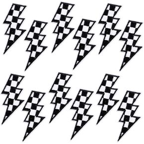 12pcs Checkered Lightning Bolt Patches, Sew on Flash Patch Racing Embroidery Patches Checkered Lightning Iron on Stickers Decals for Jackets Hats Bags Clothes Decoration
