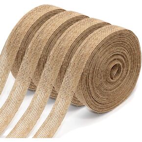 4 Rolls of Natural Burlap Fabric with Burlap Ribbon for Christmas Tree Gift Wrapping Wedding Event Party Home Bows Crafts Decoration, 11 Yards Long 0.8 inch Wide Each Roll (Natural)
