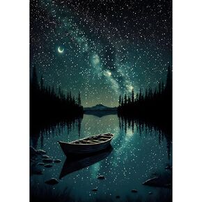 Mogtaa Starry Night Diamond Art Painting Kits للبالغين ، ومجموعات اللوحات الماس Canoe Moon للمبتدئين ، DIY 5D Diamond Dots Kits Landscape Gem Craft for Home Art Decor