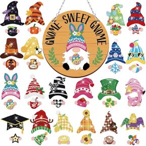 CroBlissful 41 Pcs Magnetic Diamond Gnome Holiday Spring Easter Interchangeable Magnetic Gnome Seasonal Detachable Welcome Sign for Front Door Holiday DIY Farmhouse House Warming Gifts