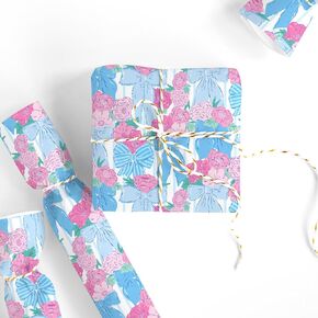 FYSUIMU Floral Bow Wrapping Paper -Mini Roll- 17 Inch x 32.8Ft Pink Blue Bowknot Flower Gift Wrap Paper Coquette Art Paper for Wedding Birthday Baby Shower DIY Crafts
