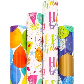 HADEEONG Happy Birthday Wrapping Paper Roll - 17in x 10ft Per Roll, Total of 4 Rolls, Colorful Birthday Gift Wrapping Paper Gift Wrap Paper for Party, Baby Shower, Birthday, Holiday