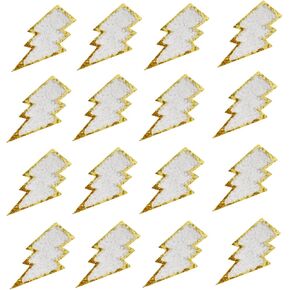 16 Pcs White Lightning Chenille patches with Gold Edges, Iron on Patches for Hats Clothes Bags Backpacks Jeans Repair. (16 pcs white)
