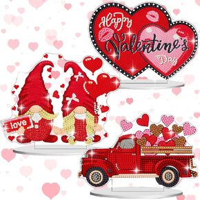 Delaimastor 3Pcs Valentine's Day Diamond Art Tabletop Decorations DIY Diamond Painting Kits for Valentines Day Decorations Art Adults Beginners DIY Home Wall Decor