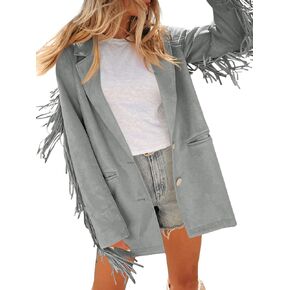 Cicy Bell Womens Faux Suede Fringe Jacket Casual Blazer Long Sleeve Lapel Button Front Suit Jackets