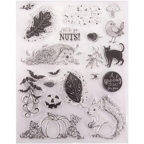Hello Autumn Clear Stamps Squirrels Nuts Clear Stamps Pumpkin Bat Hedgehog Silicone Stamps for Card Making Decoration and DIY Scrapbooking Album DIY Crafts