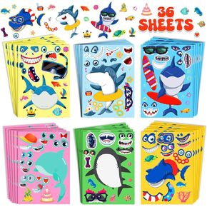 LIFEBE 36 Pcs Make Your Own Shark Stickers Ocean Animals Arts and Crafts Kits for Kids Baby Shark Face Stickers with 6 Different Design DIY Craft Party Favors for Kids 3+
