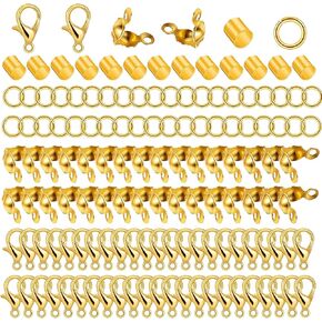 900 Pcs Jewelry Making Accessories Set with 100 Pieces Lobster Claw Clasp 200 Pieces Bead Tips Knot Covers 300 Pieces Crimp Tube Beads and 300 Pieces Open Jump Ring Connectors for DIY Jewelry (Gold)