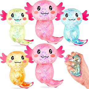 Sensory Fidget Stress Relief Axolotl Squeeze 3.94 x 3.15 Inches Cute Malt Sugar Filled Stretchy Axolotl Fun Squeeze for Adults Soothing Birthday Party Gift, 4 Styles(6 Pcs,Glitter)