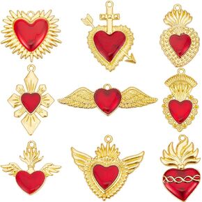 SUNNYCLUE 18Pcs 9 Styles Gold Heart Charms Bulk Sacred Heart Charms Alloy Metal Enamel Red Mexico Western Gothic Heart with Wings Charm for Jewelry Making Charms Craft Necklace Bracelet Women Adult