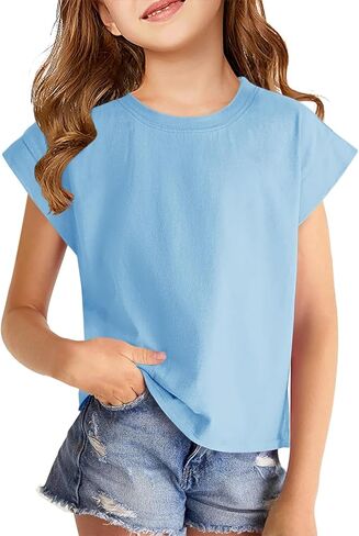 SySea الفتيات تي شيرت لطيف الاطفال قصيرة الأكمام الصيف تونك القمم Crewneck عادية المدرسة المحملة البلوزات لمدة 5-14 سنة in Saudi Arabia