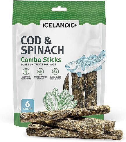 Icelandic+ Combo Sticks: Cod & Spinach - 2oz - Dog Treats, Crunchy 2 Ingredient Pet Snacks, Preservative Free, Wild Caught Fish, Slow Baked, Natural in Saudi Arabia