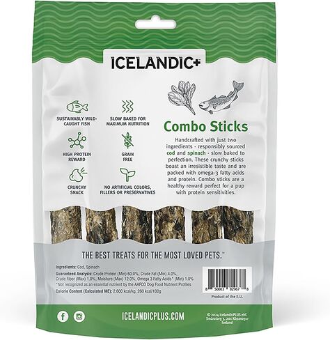 Icelandic+ Combo Sticks: Cod & Spinach - 2oz - Dog Treats, Crunchy 2 Ingredient Pet Snacks, Preservative Free, Wild Caught Fish, Slow Baked, Natural in Saudi Arabia