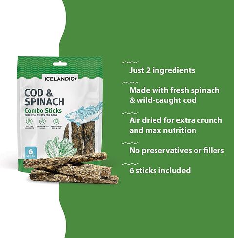 Icelandic+ Combo Sticks: Cod & Spinach - 2oz - Dog Treats, Crunchy 2 Ingredient Pet Snacks, Preservative Free, Wild Caught Fish, Slow Baked, Natural in Saudi Arabia